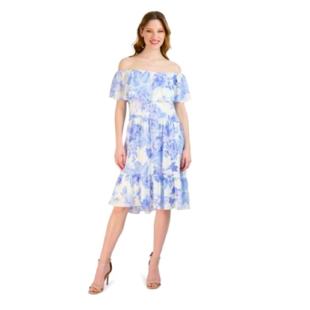 Nwt Sandra Darren - Floral Off The Shoulder ruffle Dress blue/white